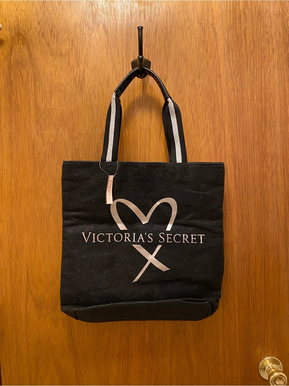 Victoria's Secret Glamour Glitter Bling Black Tote Bag with Silver Heart VS Logo